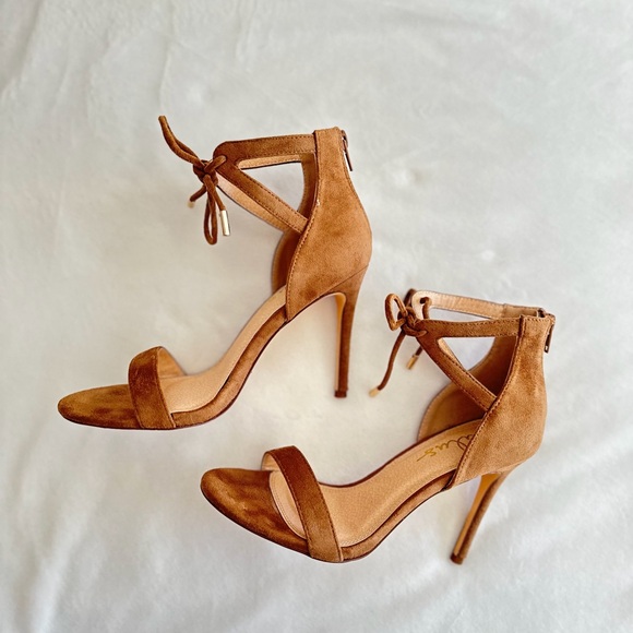 Camel Faux Suede Ankle Strap Heels - Picture 2 of 16